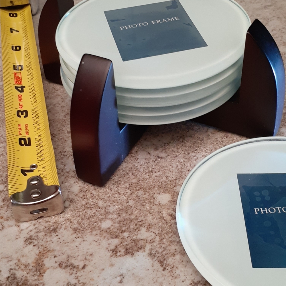 4 GLASS w/ PICTURE FRAME COASTERS WITH HOLDER.
